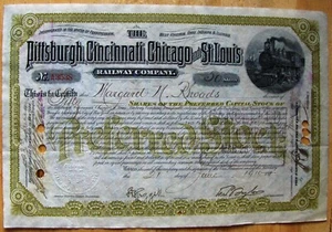 Stock certificate Pittsburgh Cincinnati Chicago & St. Louis Railway  dated 1910 - Picture 1 of 1