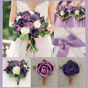 Purple Lavender Bridal Bouquet Sola Wood Wedding Flowers Artificial Bridesmaid - Picture 1 of 7