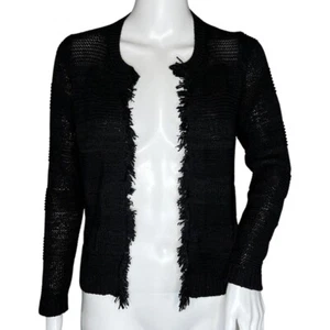 Loft Sweater Womens Small Petite Black Open Front Cardigan Fringe Trim Neutral - Picture 1 of 7