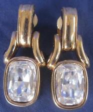 Ladies Swarovski Clip-On Earrings Gold Tone Dangle Clear Crystal Faceted Swan