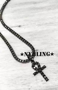 Hip Hop Gold Plated Tennis Chain ANKH Pendant Choker ICED Necklace CZ Jewelry - Picture 1 of 14