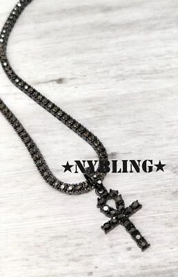 Gargantilla colgante ANKH cadena tenis chapada en oro hip hop collar helado circonita cúbica joyería Foto 1 de 4