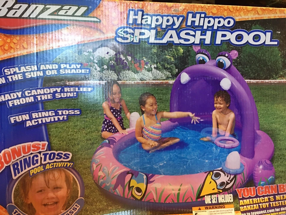 NEW Banzai Happy Hippo Splash Pool w/Shade Canopy and Ring Toss - Image 1 of 1
