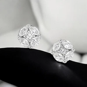 2 Cts F/VS Princess Marquise Shape Natural Diamonds Stud Earrings 14K White Gold - Picture 1 of 5