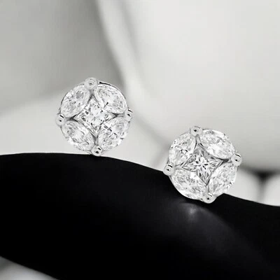 2 Cts F/VS Princess Marquise Shape Natural Diamonds Stud Earrings 14K White Gold - Image 1 of 4