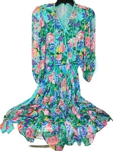 Diane Freis Vintage 80er Jahre Damen Gr. SMALL Georgette Blumen Boho Midikleid - Bild 1 von 18