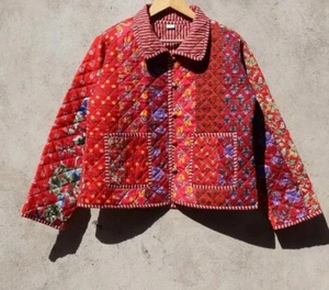 Indischrote gesteppte Patchwork Jacke Handarbeit Baumwolle Jacke Damenbekleidung US - Bild 1 von 5