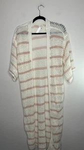 POL Clothing Open Front Long Cardigan Sweater White Pink Stripes Size Medium - Picture 1 of 9