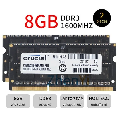 Crucial 16GB 2x 8GB DDR3L 1600MHz PC3L-12800S SODIMM Laptop Memory SDRAM Black - Image 1 of 4