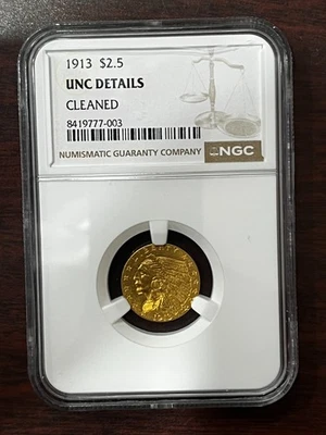 1913 $2.50 Indian Head Gold Quarter Eagle Unc. Details Cleaned - Image 1 of 2
