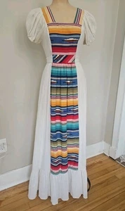 Vintage 70er Jahre Southwestern Mexican Boho Leinen Maxi Festival Ethno Kleid - Bild 1 von 8