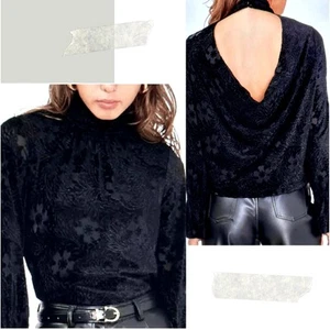 1. State High Neck Open Back Long Sleeve Blouse Rich Black M - Picture 1 of 17