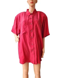 Vtg Partners Woman 100% Silk Button Up Red Collared Shirt Short Sleeve Blouse 2X - Picture 1 of 15
