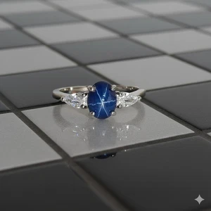 Blue Lindy Star Sapphire Ring 925 Sterling Silver Lab Created Handmade Ring - Picture 1 of 4