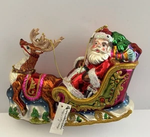 Hand Crafted Glass Christmas Ornament Santa Sleigh Reindeer Designers Studio 6” - Picture 1 of 18