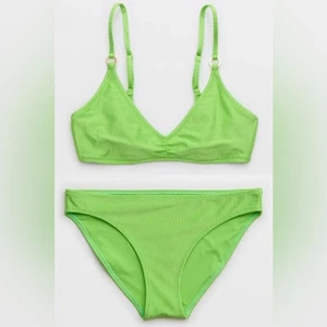 Neu mit Etikett Aerie FULL SET Beach Babe Glanz gerippter Voop + vollflächiger Unterteil limettengrün S - Bild 1 von 5