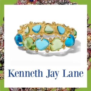 Kenneth Jay Lane Crystal Aqua Peridot Cabochon Stone Hinged Bracelet MSRP $400 - Picture 1 of 9