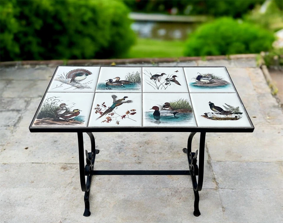 Antique Wrought Iron Small Side Table w/ Birds Ducks Geese Ceramic Tile Top - Image 1 of 4