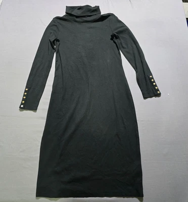 LRL RALPH LAUREN Black Label Midi Dress Roll-Neck Fine Rib Stretch 10 gold butto - Image 1 of 4