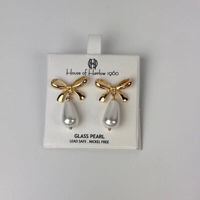 House Of Harlow 1960 Gold Tone Bow & Glass White Pearl Drop Earrings New on Card - Image 1 of 4