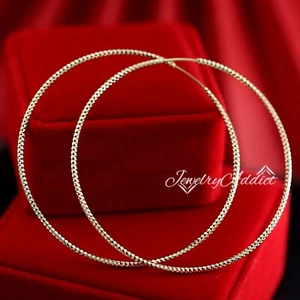 9K ROSE GOLD GF 70MM Diamond Cut BAND SOLID Lady's Gift ROUND BIG HOOP EARRINGS - Picture 1 of 5