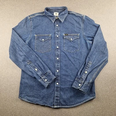 Lee Shirt Mens Medium Blue Pearl Snap Sawtooth Cowboy Western Rodeo USA - Image 1 of 4