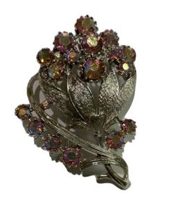 Coro Brooch Leaves Stems Form Flowers Faceted Pink Some Iridescent Stones - Picture 1 of 7