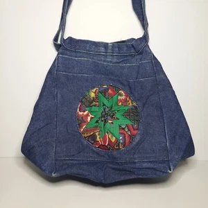 Vintage 80s Denim Quilted Patch Shoulder Bag Handmade Tote Purse Quilt Blue Jean - Picture 1 of 12
