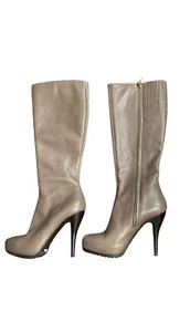 escada womens beige brown high heel Knee High Genuine Leather boots 7.5 Italy - Picture 1 of 8