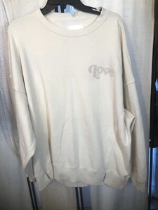 Aerie Women’s Xl Ivory Fleece Boxy Sweatshirt “love” Oversized Distressed Cozy - Picture 1 of 11