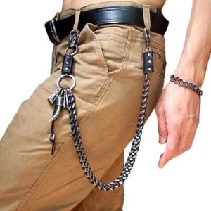 Men Antique Silver Metal Wallet Chain Key Horn Spike Leather Rider Trucker Jeans - Picture 1 of 17