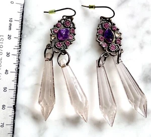 Dangle Chandelier Earrings GemStone Crystal Gypsy Hook Amethyst Acrylic 90s - Picture 1 of 5