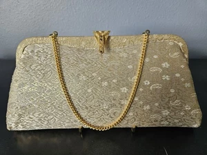 Borsa da sera pochette tessuto oro bianco vintage ammiraglio anni 50 catena goccia - Foto 1 di 16