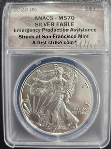 2020-AMERICAN EAGLE SILVER DOLLAR FIRSY STRIKE ANACS-MS 70 - Picture 1 of 2