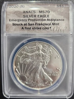 2020-AMERICAN EAGLE SILVER DOLLAR FIRSY STRIKE ANACS-MS 70 - Image 1 of 2