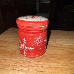 Luzern kleines 3" rotes Vorratsglas mit weißen Schneeflocken Weihnachten Winter - Bild 1 von 15