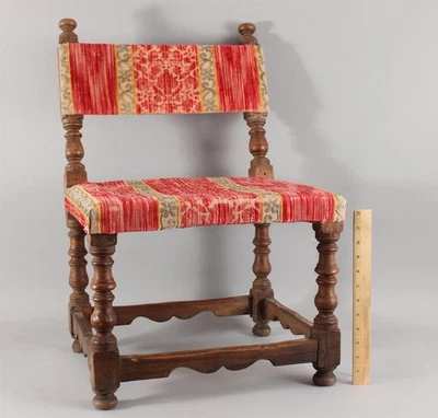 SMALL Antique Spanish Colonial Revival Chair Upholstered Carved Walnut Low Chair - Image 1 of 4
