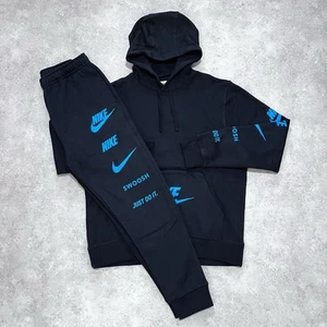 NIKE FJ0552 Mens Tracksuit Set Jogging Bottom Pullover Fleece Hoodie Black Tops - Picture 1 of 12