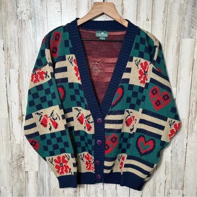 Vtg 90s Cottage Grandma Heart Patchwork Button Cardigan Sweater Knit Womens Lg - Image 1 of 4