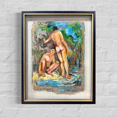 Pintura Original Sobre Cartón Músculo Masculino Enmarcado Arte Gay Foto 1 de 2