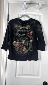 Vintage Kaktus Motorrad Shirt S Strass Glitzer Rosen Glitzer Boho Reiten Hippie - Bild 1 von 12