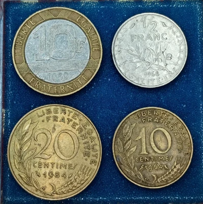 Lot of 4 France Coins: 1989 10 Francs, 1968 1/2 Franc, 1984 20 Cent 1964 10 Cent - Image 1 of 2