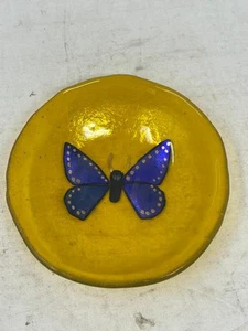 Vintage Butterfly Plate Artwork RARE B.F '99 Yellow Glass Blue Signed - Picture 1 of 4