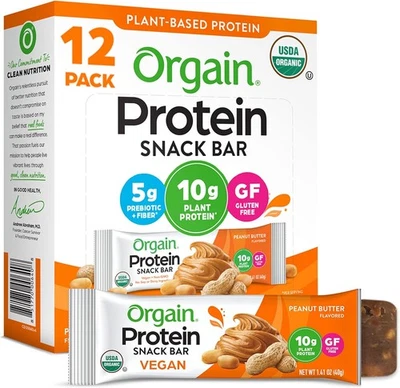 Barritas de proteína vegana orgánica Orgain, mantequilla de maní - 10 g de proteína vegetal,...  Foto 1 de 4