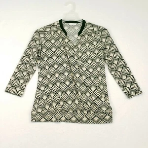 New York & Company Stretch Surplice 3/4 Sleeve Blouse Beige Black Triangle Sz M - Picture 1 of 8