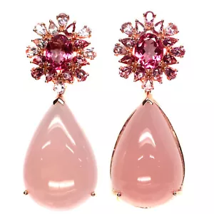 Gemma 25 X 37 MM Rosa Calcedonio Con Topazio Orecchini 925 Argento Sterling - Foto 1 di 6