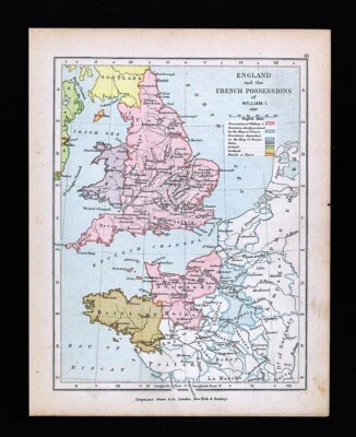 Mapa antiguo de Inglaterra y posesiones francesas de Guillermo I de 1905 1087 Londres Francia Foto 1 de 2