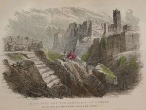 1857 Engraving, Mars Hill And The Acropolis At Athens, Hand Colored - Picture 1 of 3
