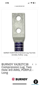 (10) Burndy YA28L2TC38 Copper Compression Lug Purple 3/8" 2-Hole 4/0 AWG 50222P - Picture 1 of 2