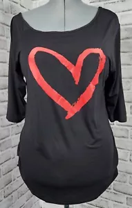 Heart Print Off Shoulder Shirt Loose Fit Top 3/4 Sleeve Womens Size XL Black - Picture 1 of 8